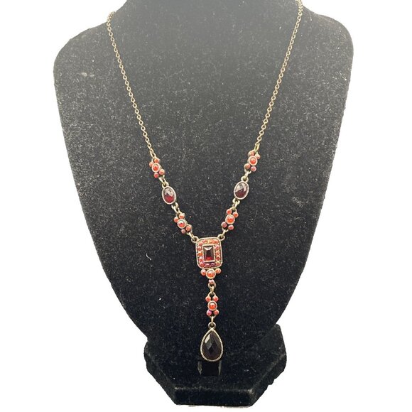 Vintage Avon NR Necklace Brass Tone Y Drop Red Art Deco Victorian 16" - Picture 2 of 6